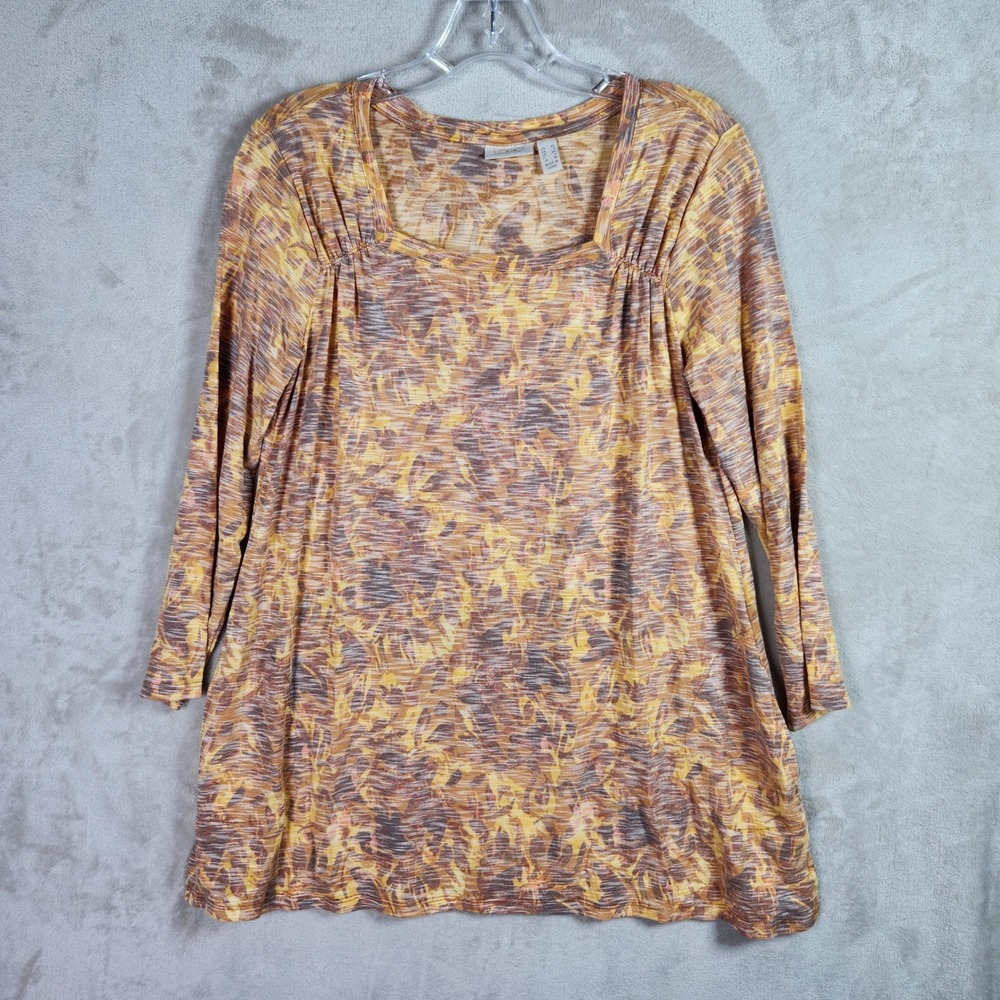 LOGO by Lori Goldstein Top Womens XS Gold Floral‎ Printed Square Neck A607758